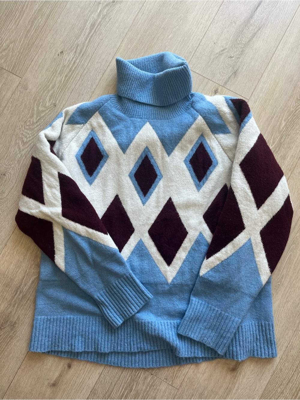 J. Crew Light Blue, White & Burgundy Diamond Turtleneck Sweater